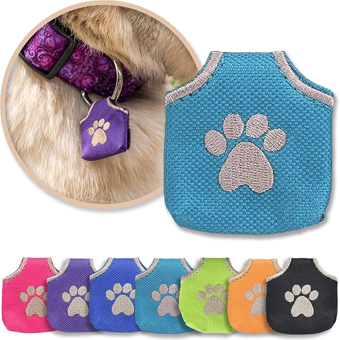 Woofhoof Dog Tag Silencer, Teal Pawprint - Quiet Noisy Pet Tags - Fits Up to Four Pet IDs - Dog Tag Cover Protects Metal Pet IDs, Made of Durable Nylon, Universal Fit, Machine Washable