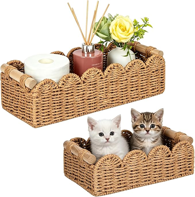 2PCS Paper Rope Scalloped Edge Toilet Paper Storage Basket for Bathroom | Basket for Over Toilet Shelves Storage Containers for Bathroom Decor Baskets for Toilet Storage Home Decor