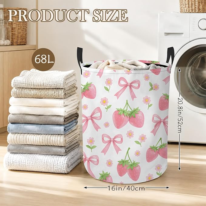 Laundry Hamper, Pink Strawberry Collapsible Bow Floral Laundry Baskets Waterproof Oxford Cloth With Handles, Clothes Storage Bucket For Bathroom/Bedroom 16" x 20.8"