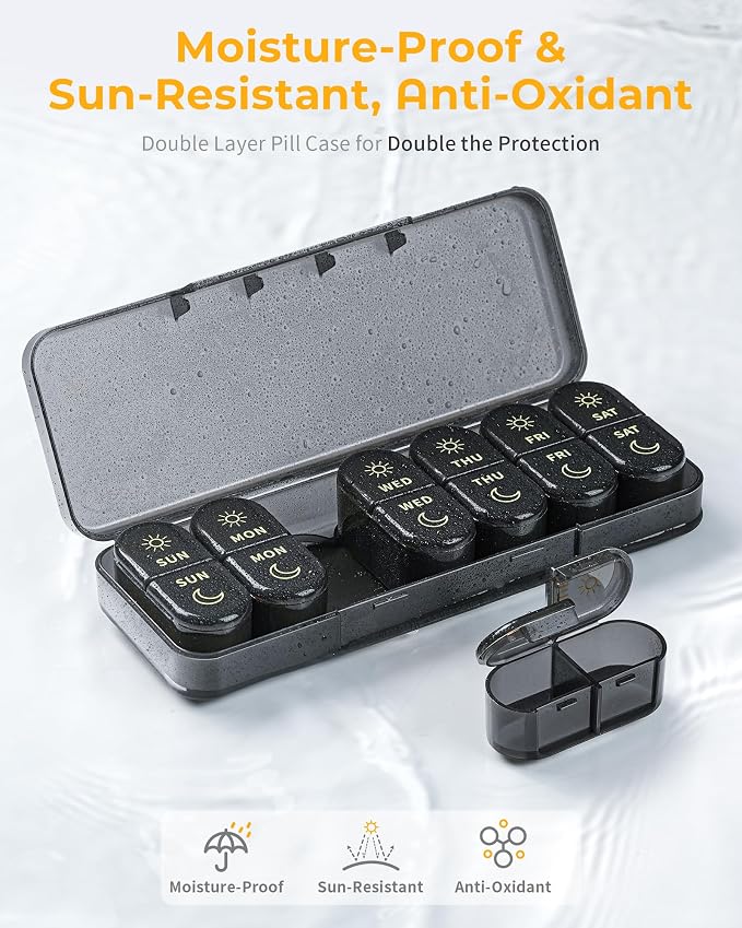 Pillex Weekly Pill Organizer 2 Times a Day, AM PM Pill Organizer 7 Day, Large Pill Box 7 Day, Travel Pill Case Daily, Black Privacy Protection Medicine Container for Medication, Vitamins, Supplements
