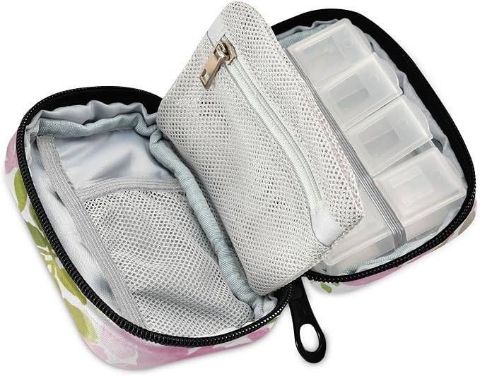 Custom Pill Box 7 Day Pill Case Bag Watercolor Floral Personalized Name Travel Pill Organizer Bag with Zipper Portable Weekly Case Compact Size for Vitamin Supplement Holder