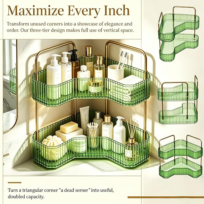 2-Tier Corner Bathroom Organizer, Skincare Vanity Counter Shelf Green | Premium PET Perfume Display Stand with Gold Metal Rods, Space-Saving 90 Degree Storage Rack for Dresser