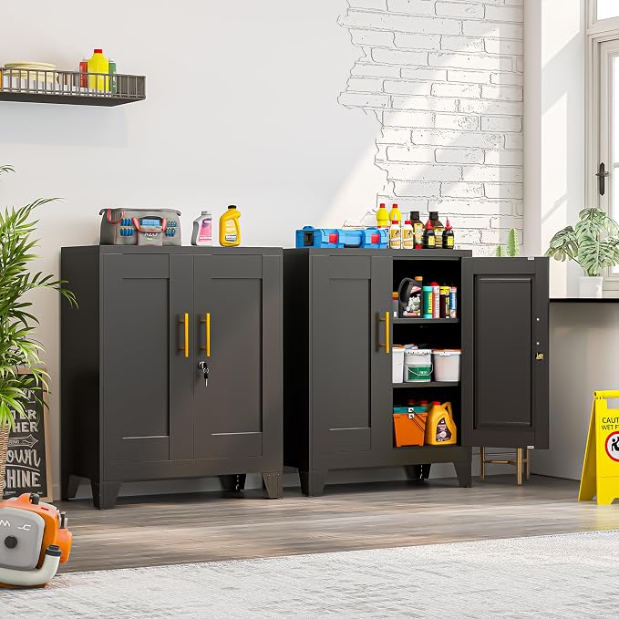 Small Metal Storage Cabinet, Lockable Tool Cabinet with Doors and 2 Shelves | 2 Adjustable Shelves, Locking Doors, Magnetic Closure, Adjustable Feet, Compact 27.6-Inch Width, Cold-Rolled Steel