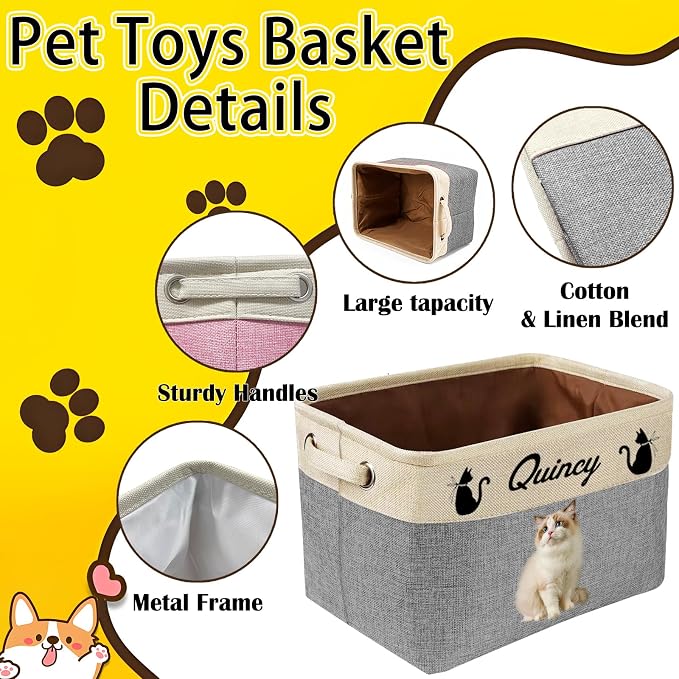 Personalized Dog Cat Toy Storage Basket with Handles Custom Pet Name & Photo Collapsible Organizer Bin Customized Storage Box for Pet Supplies