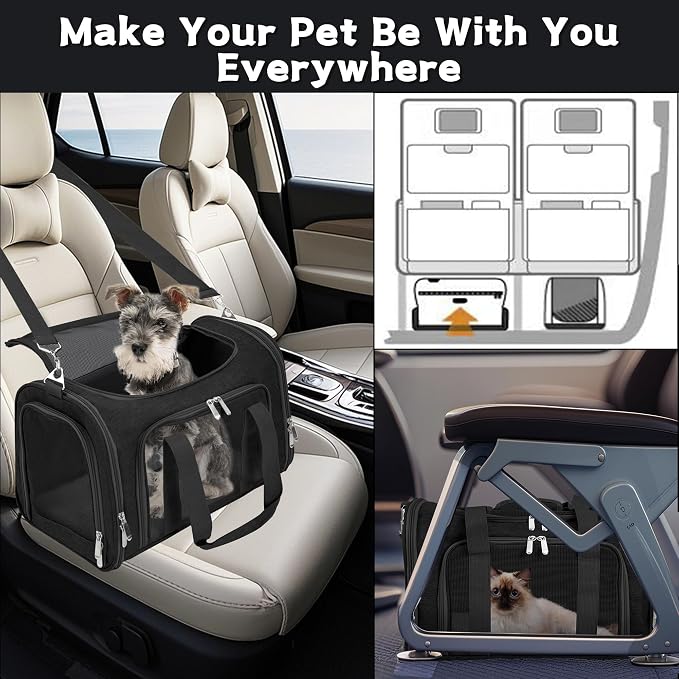 Soft-Sided Cat/Dog/Pet Carrier, Collapsible Pets Travel Carriers | For Big Cats/Small Dogs with Shoulder Strap & Removable Mat, Mesh Puppy Carry Bag, Up to 25 Lbs, TSA Airline Approved(Black)