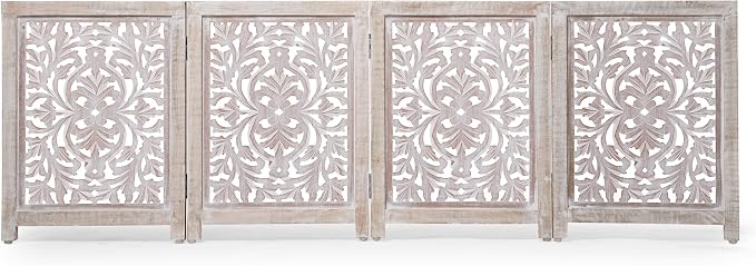 Lightnpro 4-Panel Carved Wooden Dog Gate with Stopper – 72 Inch Extra-Wide Foldable Freestanding Pet Barrier, White Wash Indoor Safety Fence for Small Dogs & Puppies – 24x18 Inch Panels