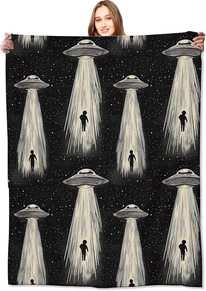 Alien & UFO Blanket Space Throw Blankets with Mysteriou Silhouette & Spaceship,Birthday Gifts for Kids Adult & Sci-Fi Lovers,Lightweight Soft Fleece,for Sofa Couch Bed Room Decor 50x60in