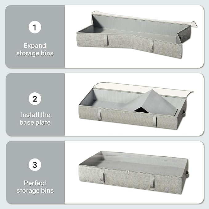 2-Pack Under Bed Storage Containers, 8 Inches Tall Clothes Storage, Gray | Large Capacity Collapsible Underbed Organizer with Sturdy Sidewalls/Bottom, Cotton Linen Bins, For Seasonal Clothes & Bedding
