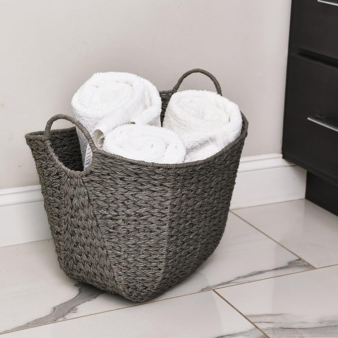 Household Essentials Handwoven Paper Rope Storage Basket with Metal Frame and Handles, Gray