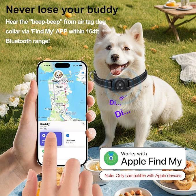 Tracking Dog Collar, Waterproof Pet Collar with a Tracker Tag for Apple Find My (iOS only) (Black, S)