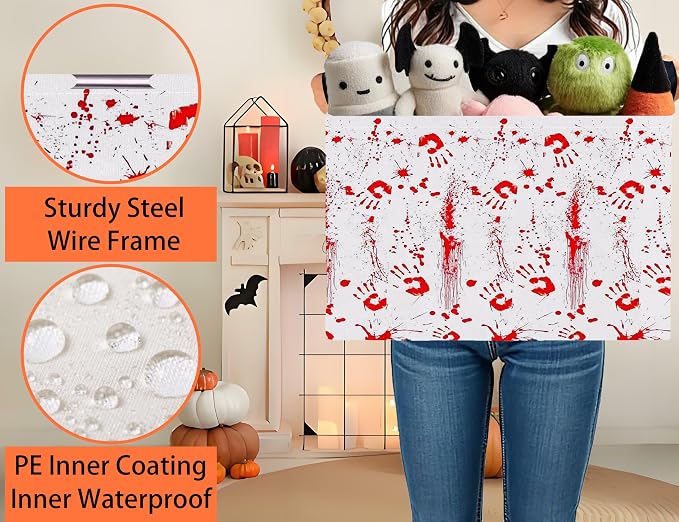 Large Halloween Themed Candy Gift Boo Basket for Kids Baby Personalized Adults Storage Bin Fall Decor(Fingerprint Blood Stain)