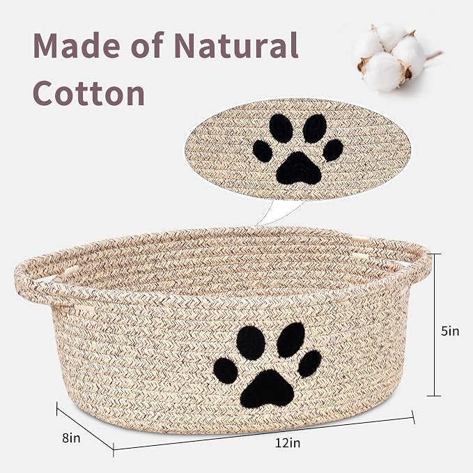 ABenkle Small Woven Basket with Handle, Cute Dog Paw Baskets for Gifts Empty, Decorative Rope Woven Storage Dog Toy Basket, Nursery Baskets for Baby Shower, 12" x 8" x 5"