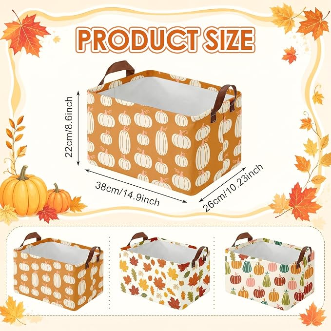 Britimes Fall Pumpkin Storage Baskets for Gift, Toy Storage Bins Box, 3Pcs | Autumn Harvest Canvas Collapsible Baskets Organizer with Handles Fall Nursery Decor Laundry Basket for Shelves Closet