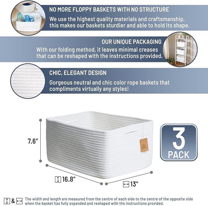 NaturalCozy Storage Baskets 16.8”x13”x7.6” Cotton Rope Woven Baskets for Organizing 3-Pack | Toy Storage Bins | Basket for Shelves, Laundry, Blanket, Clothes, Closet, Kitchen, Bathroom, Gifts