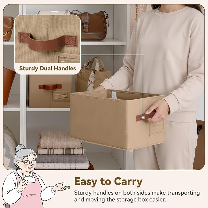 GRANNY SAYS Closet Storage Bins with Label, Brown, Medium, 3-Pack | Closet Organizer Bins, Fabric Storage Basket with PU Handles, Clothing Storage Organizers