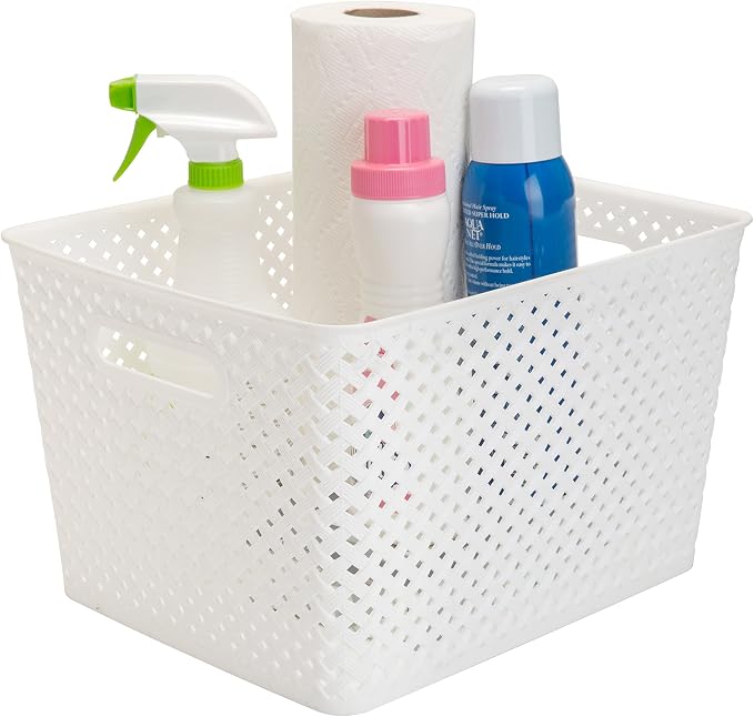 Simplify Large Resin Wicker Tote | Storage Bin | Plastic Organizer | Carrying Handles | Bathroom | Pantry | Accessories | Toys | White