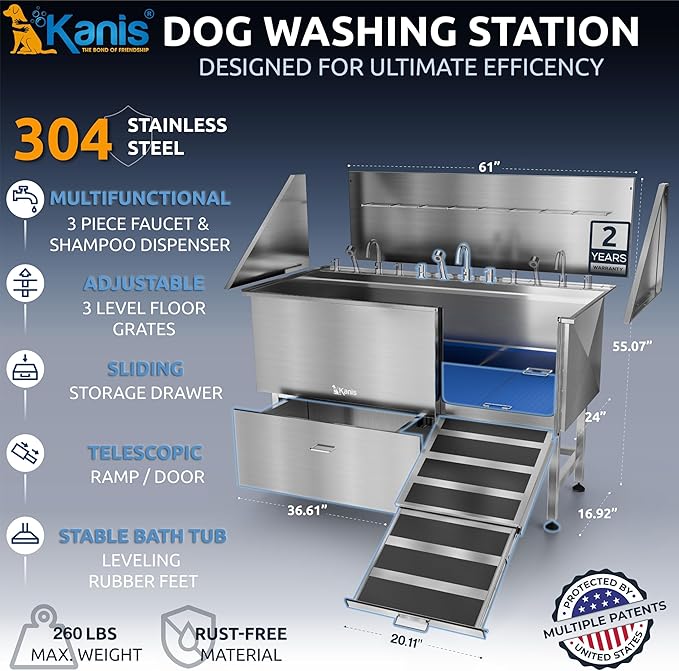 Professional Dog Washing Station 304 Stainless Steel Pet Wash Sink | Grooming Bathtub w/Shower, Floor Grates and Storage for Large, Medium & Small Pets (Silver, 61 Inches, Right Ramp, 1 Drawer)