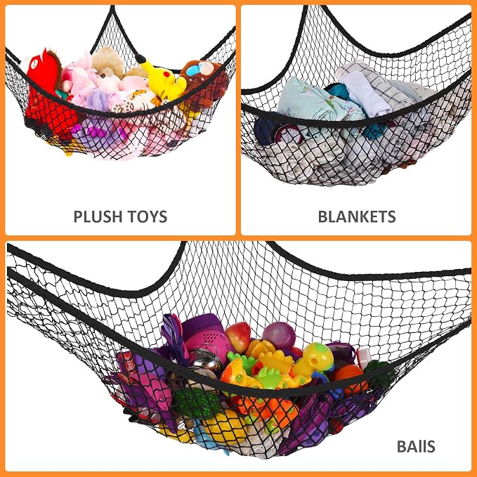Toy Hammock for Stuffed Animals, Stuffed Animal Hammock Net Jumbo Plush Toy Storage Cornet Net 70" Wall Sling Large Teddy Bear Storage Organizer Black