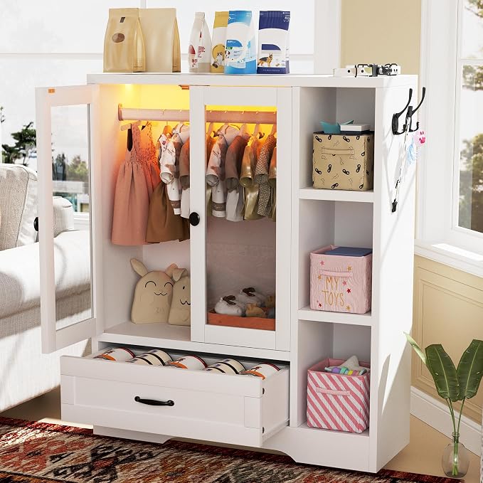 Pet Wardrobe Cabinet, Dog Clothes Closet with RGB LED, Acrylic Door & Drawer, MDF Wooden Storage Organizer for Cat Dog, White
