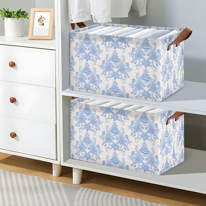 Blue Beige French FloralStorage Bins for Shelves with Labels&Handles Fabric Organizer Bin Foldable Rectangle Storage Basket Boxes for Closet, Bathroom, Home, Living Room, 2 Pack