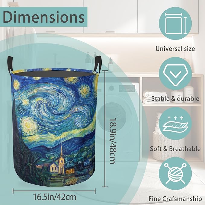 Starry Night Round Laundry Basket Collapsible Laundry Hamper with Handles Toys Clothes Organizer Bin For Home Bathroom Bedroom Dorm Nursery