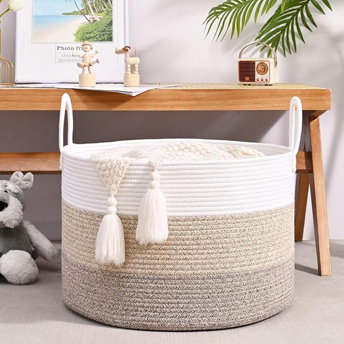 67L Large Woven Blanket Basket, Cotton Rope Baby Laundry Hamper with Handles, Kids Toy Basket for Classroom & Nursery, Soft Round Stuffed Animal Storage, Dog Toy Bin - 20"x13", Jute