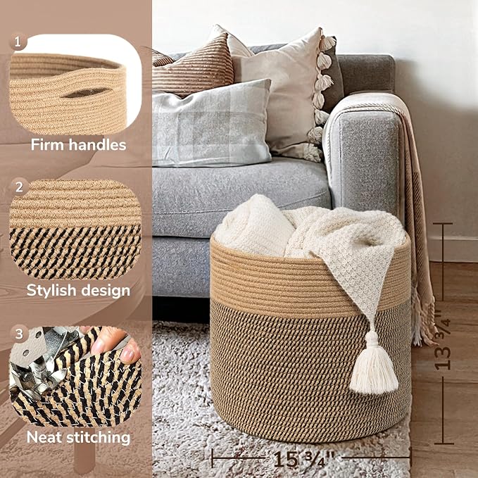 Goodpick Wicker Basket for Blankets Fit Nursery & Living Room, 45L | 15.8 x 15.8 x 13.8 In Storage Basket for Toys Shoes, Cute Baby Laundry Hamper for Towels, Clothes, Jute
