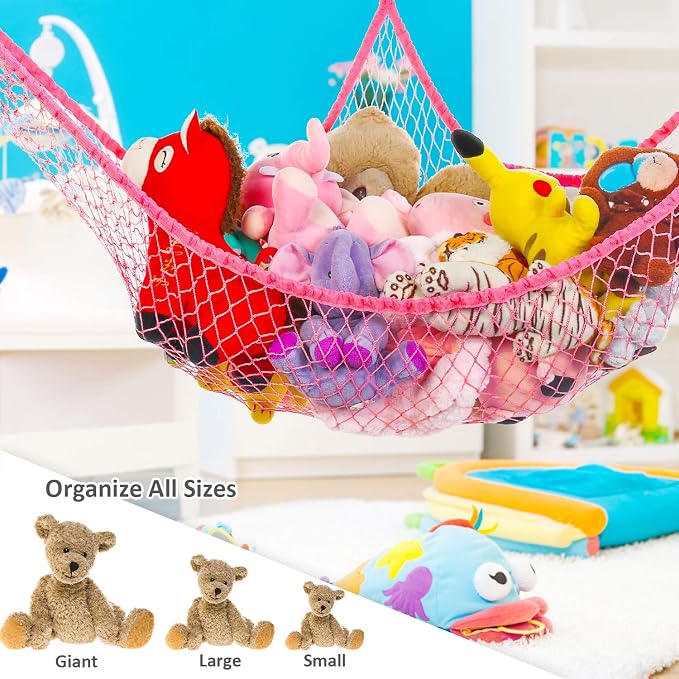 Toy Hammock, Stuffed Animals Hammock, Jumbo Toy Storage Net 83" Wall Sling Corner Extra Large Kids Children Mesh Toy Net Organizer (Pink, 83 Inch)