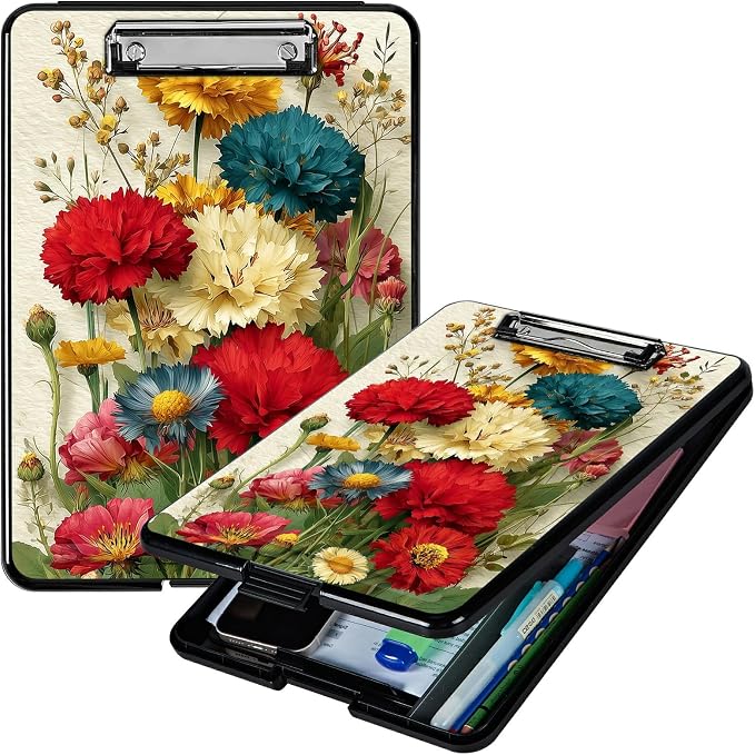 Heavy Duty Storage Clipboard, Slim Nursing Clipboard with Internal Pen Case, Portable File Organizer Case for A4 Letter Size Paper Office Medical Professionals, Pink Yellow Flowers