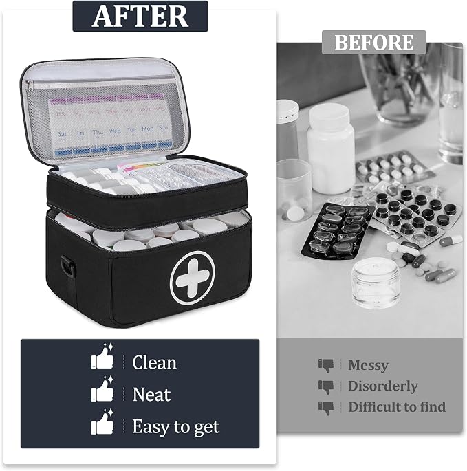 Medicine Storage Bag, 2 Layer Pill Bottle Organizer Storage Bag Empty | Lockable Medical Travel Bag with Adjustable Divider, Suitable for Pills, Vitamins, Fish Oil, Medical Supplies