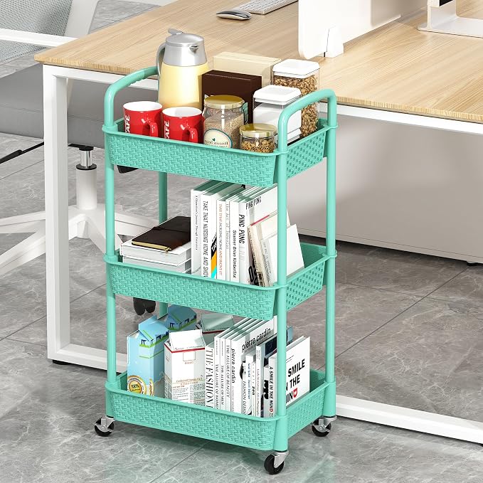 MOYIPIN 3-Tier Plastic Rolling Utility Cart with Handle,Turquoise | Utility Storage Cart for Office, Living Room, Kitchen,Movable Storage Organizer，Easy installation，Rattan-like art design