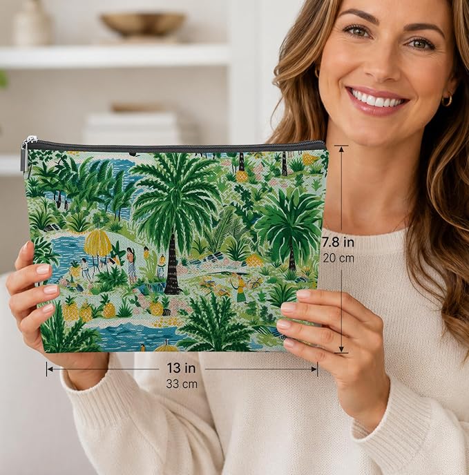 Green Summer Tropical Beach Empty Mahjong Tile Bag 13x7.8 Inch | Palm Tree Printed Portable Travel Case Organizer Zipper Pouch for American Mahjong Tiles Game Night Accessories and Gifts