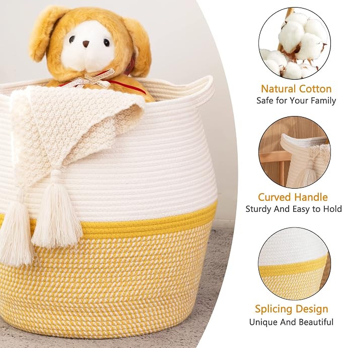 KAKAMAY Woven Baskets for Storage(17"x17"),Large Cotton Rope Woven Baby Laundry Hamper,Collapsible Laundry Basket, Blanket Basket for Organizing Living Room,Nursery,Pillows,Toy Chest(Yellow)