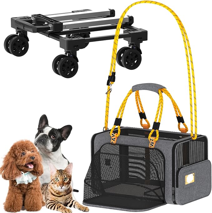 PAWZIDEA Expandable Pet Carrier with Wheels, TSA Airline Approved, Up 18lbs | 18x11x11 Underseat, Rolling Soft-Sided Carrier for Large Cats & Small Dog Travel Bag, Self-Locking Zippers, Telescopic Handle