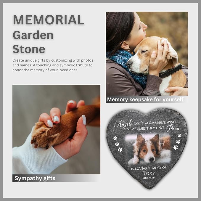 Wrappiness Pet Memorial Stone - Angels Sometimes Have Paws, Personalized Dog Memorial Gifts, Remembrance Condolence Bereavement Gifts for Loss of Pet Custom Photo (Heart 03, Stone with Stand)