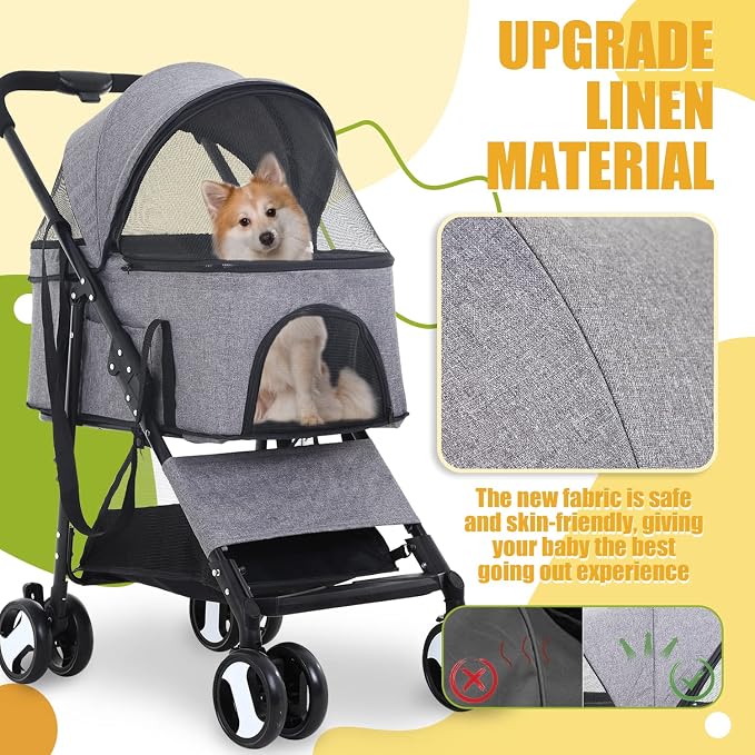 Dog Stroller 3-in-1 Folding Dog Stroller for Medium Small Dogs Pet Stroller Cat Stroller 4 Wheels with Detachable Carrier Storage Basket Waterproof Lightweight for Travel,Grey