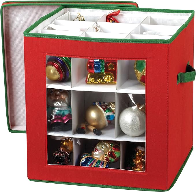 Household Essentials 27‑Piece Ornament Storage Box with Clear Front Panel and Adjustable Dividers, Red and Green