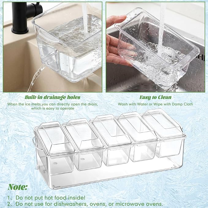 Ice Chilled Condiment Caddy with Drain Plug, 5 Containers with Lids, 85 oz Ice Capacity, 11 Pcs Complete Garnish Tray Condiment Server Set with Drainer Mat Cutlery Holder for Taco Bar Party