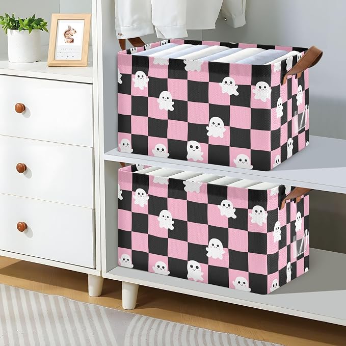 Pink and Black Checkered Ghost Storage Basket Foldable Cube Storage Bins with Handles&Label Waterproof Organizer Box Bin Large Rectangle Decorative Baskets for Shelves Home Room Laundry, 2 Pack