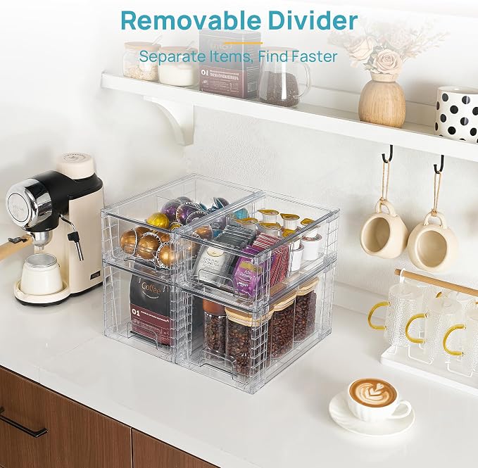 Vtopmart Clear Stackable Storage Drawers, 4 Pack Kitchen Cabinet Set | Medium and Small Pull-Out PET Drawers with Stackable Design for Kitchen Cabinets, Pantry, Under Sink, Medicine