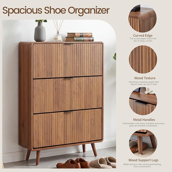 FurSch Fluted Shoe Storage Cabinet with 3 Flip Drawers, Narrow Shoe Rack Cabinet Organizer with Adjustable & Removable Shelves for Entryway (All Walnut, 3 Drawers)