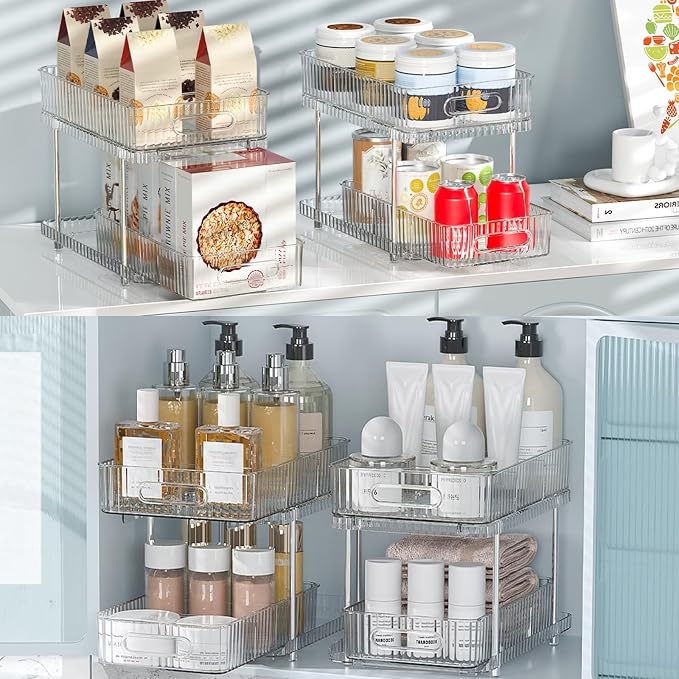 2 Pack Under Sink Organizer and Storage, 2 Tier Pull-Out Bathroom Organizers for Cabinet, Kitchen, Clear