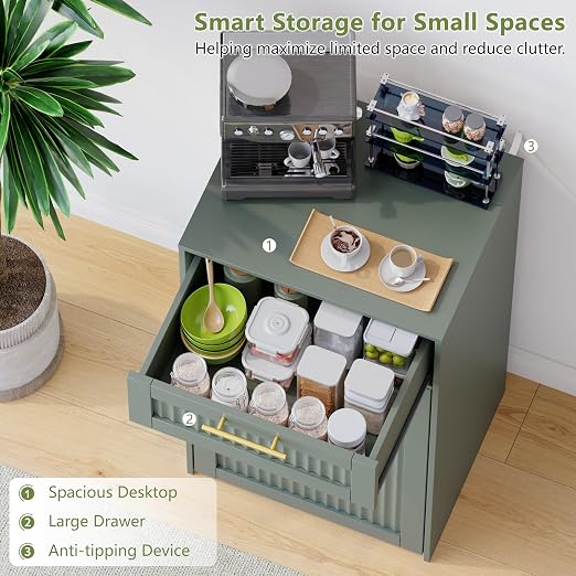 Single 13 Gallon Pull Out Trash Can Cabinet with Drawer, Garbage Cabinet | Pet Proof Hidden Trash Storage, Fluted Farmhouse Design, Space-Saving Kitchen Organizer, Dining Room Storage,Green