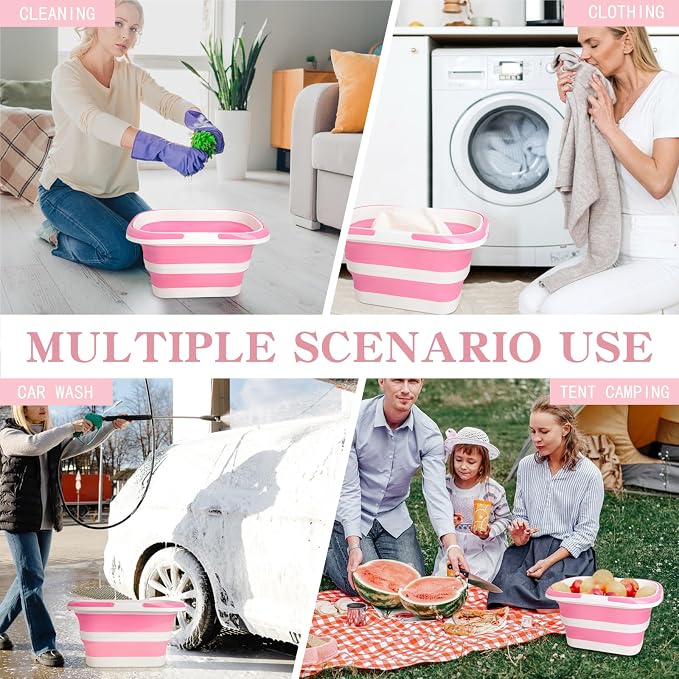 Large Collapsible Bucket for Cleaning, 4.2 Gallon (16L) Silicone Bucket with Handle & Hanging Hole, Foldable Space-Saving Mop Bucket for Home, Storage. Car Wash, Camping, Beach (Pink White)