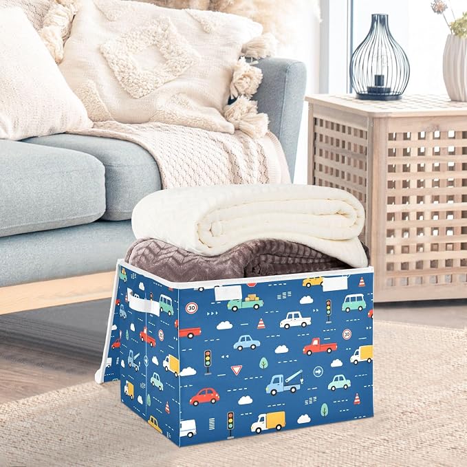 Storage Bins with Lid Trunk Vehicle Foldable Storage Boxes 40L Baskets | Decorative Storage Boxes, Dust-Proof Flip Top, Reinforced Handles, For Home & Bedroom, Clothes & Toy Box, Oxford Fabric Print