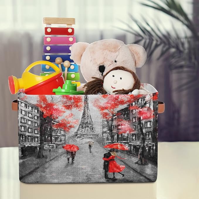 Pardick Eiffel Tower Storage Basket Bins Paris France Flower Toys Books Clothes Canvas Storage Box Cubes Rectangular Collapsible with Handles for Bedroom Nursery Home Office Decor Organizer Basket