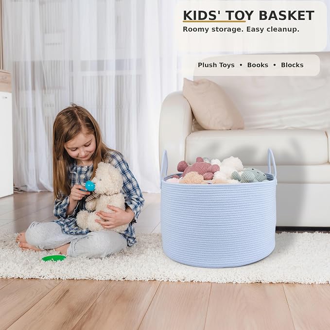 XUANGUO 66L Large Blanket Basket, Round Cotton Rope Basket, Blue | 20" x 13" Laundry Basket with Sturdy Handles for Blankets, Pillows and Toys; Storage for Living Room, Bedroom and Nursery