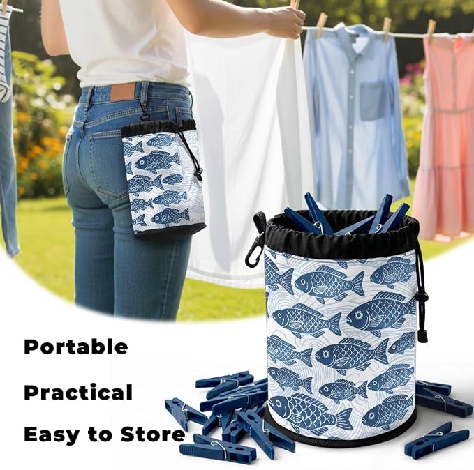 Drawstring Peg Bag Organizer, Blue Wave Pattern Clothespin Storage Pouch with Hanging Button, Portable Laundry Clips Holder for Drying Rack, Camping, Travel & Home