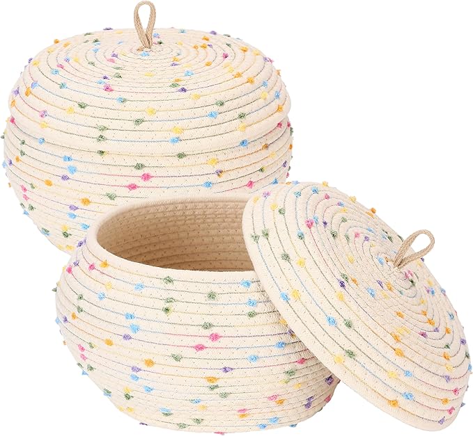 Sea Team Round Woven Cotton Rope Storage Basket with Lid, Rainbow, 2-Pack | Decorative Colorful Pompom Knitted Storage Bin, Pot, Caddy, Organizer, Container for Snacks, Towels, Plants, 10 x 7.5 Inches