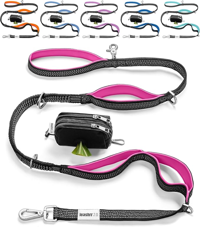 Heavy Duty Dog Leash for Large Dogs – 6FT Reflective Bungee with Padded Handles, Strong Carabiner Clip, No Pull Control for Medium & Large Breeds, Includes Poop Bag Holder & Treat Pouch (Hot Pink)